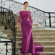 Long Mermaid Purple Off Shoulder Chiffon Mother of Bride Dresses with Sleeves