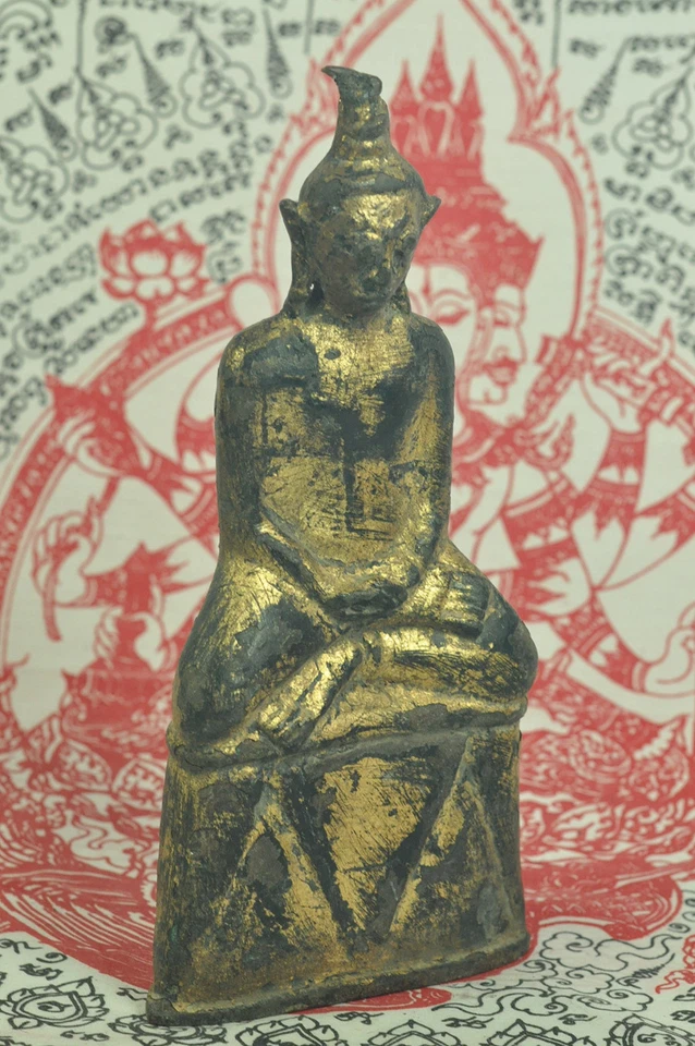 Antique Phra Ngang Ngan King Emperor Thai Gilt Gold Bronze Buddha Figure Statue - Image 2 of 4