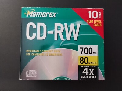 Memorex 700MB/80-Minute 1X to 4X CD-RW Media 10-Pack with Slim Jewel Cases NEW