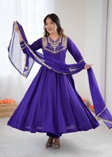 Anarkali Long Gown Suit Set in Roman Silk with Bottom  Dupatta Cording Work