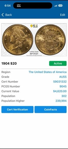 1904 $20 Liberty Gold Double Eagle PCGS AU55 CertifiedPre-33 Gold Coin #59031332