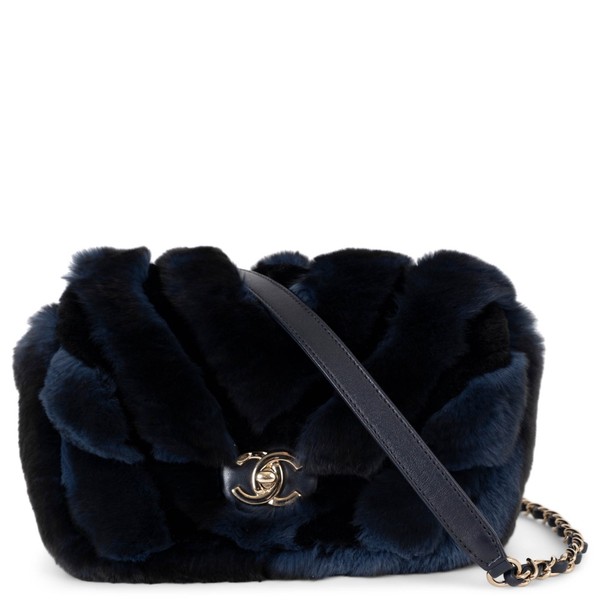 Sac Chanel Mini Flap en Bleu Nuit et Noir Chevron Fourrure Orylag