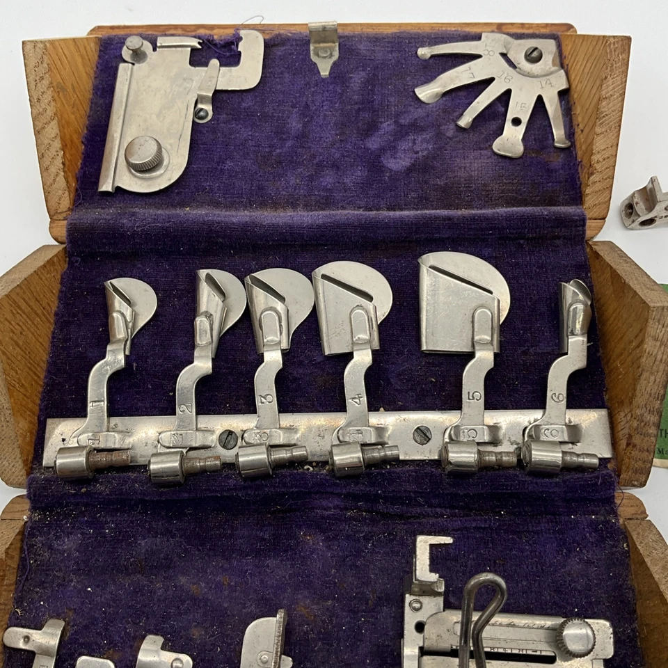 Antique Singer Sewing 1889 Oak Puzzle Box with Attachments Purple Velvet - Image 3 of 4