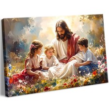 Jesus With Children Canvas Wall Art Christian Kids Room Gospel Wall Decor Pic...