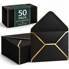 50 Pack 5x7 Inch Black Envelopes for Invitations with Gold inches