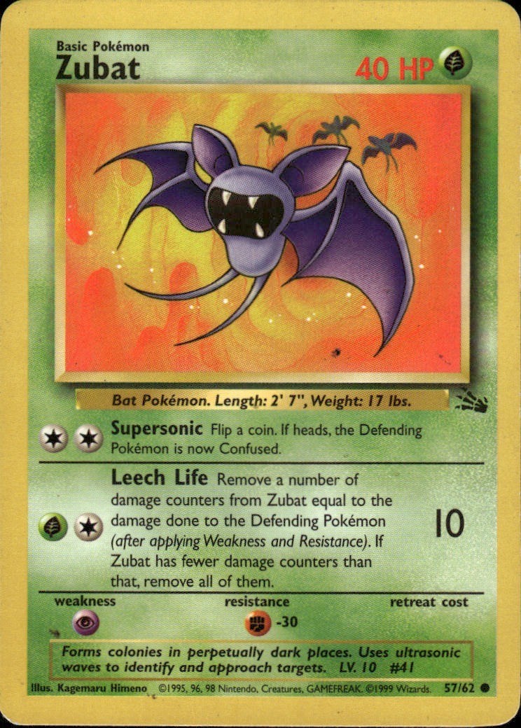 Zubat Common Fossil 57/62 Grass Unlimited Pokemon Card