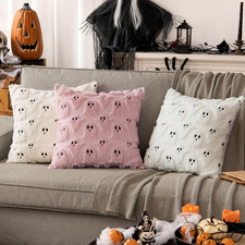 Set of 2 White Halloween Ghost Pillow Covers 18x18 Inch Embroidered Plush Decor