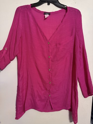 Damenbluse COCOMO leuchtend pink V-Ausschnitt mit Knopf Langarm