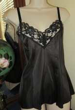 LORRAINE MEGA LACE deep dark BLACK satiny nylon camisole slip top size 38 / M