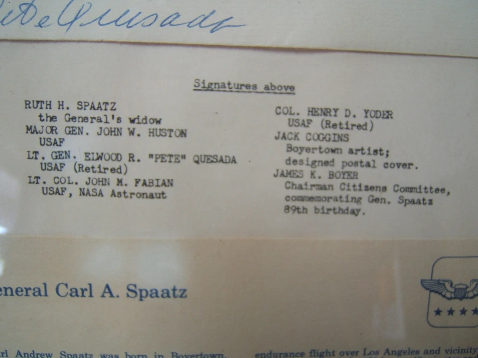General Carl Spaatz Cover Signed Pete Quesada John Huston Widow John Fabian 1980 - Image 3 of 4