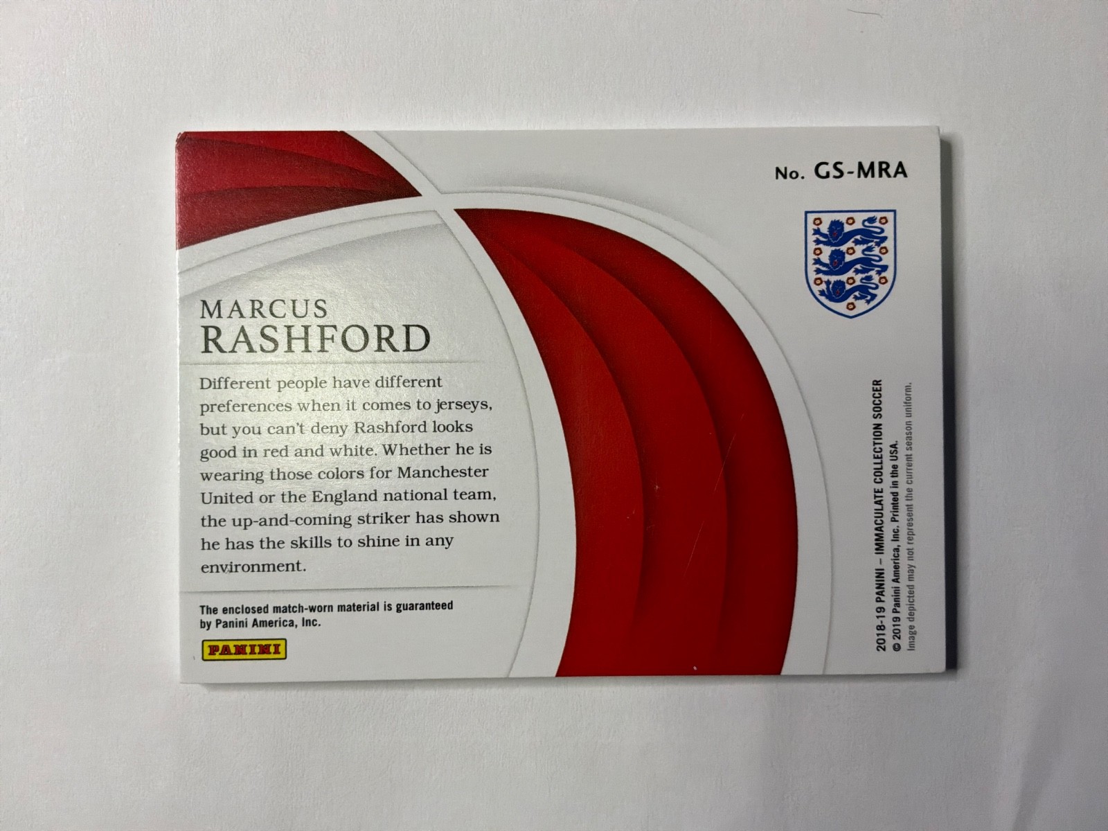 2018-19 Immaculate Game Day Swatches Marcus Rashford Match Worn /99 England view 2