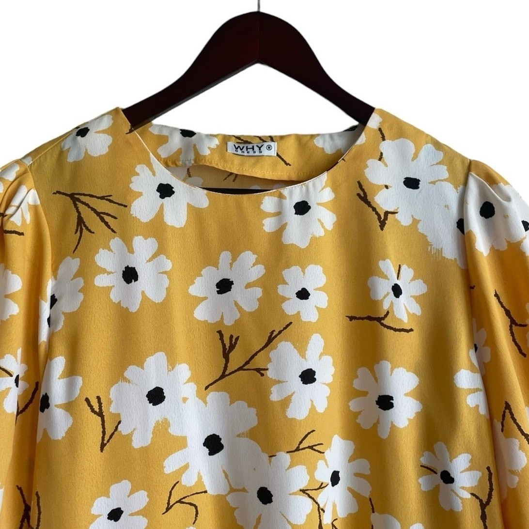 Why Dress Women Flowy Top M Yellow Floral Short Tiered Puff Sleeve Cottoncore View 3