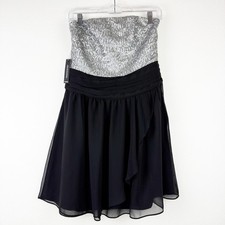 Express Womens Strapless Sequin Chiffon Cocktail Dress Silver Black Size 8 NEW