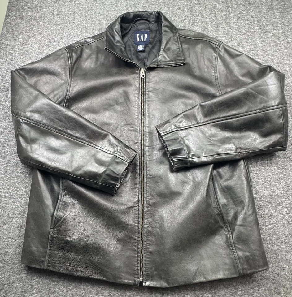 Gap Leather Jacket Black Mens Sz L Full Zip Quilt Lining Vintage Large 112110 - Image 2 of 4