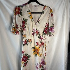 Floral Wrap Dress Tie Knee Length Short Sleeve V-Neck White Multicolor Tropical