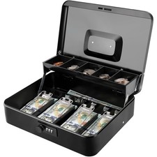 Locking Money Box - Heavy Duty Black Cash Storage with Organized Tray