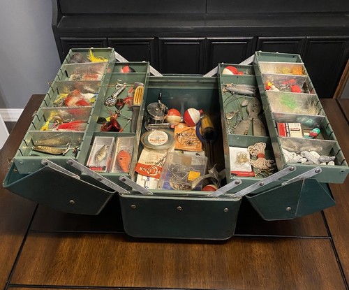 Vintage HD Walton Grip-Loc Metal Fishing Tackle Box Loaded - Reels Lures & More