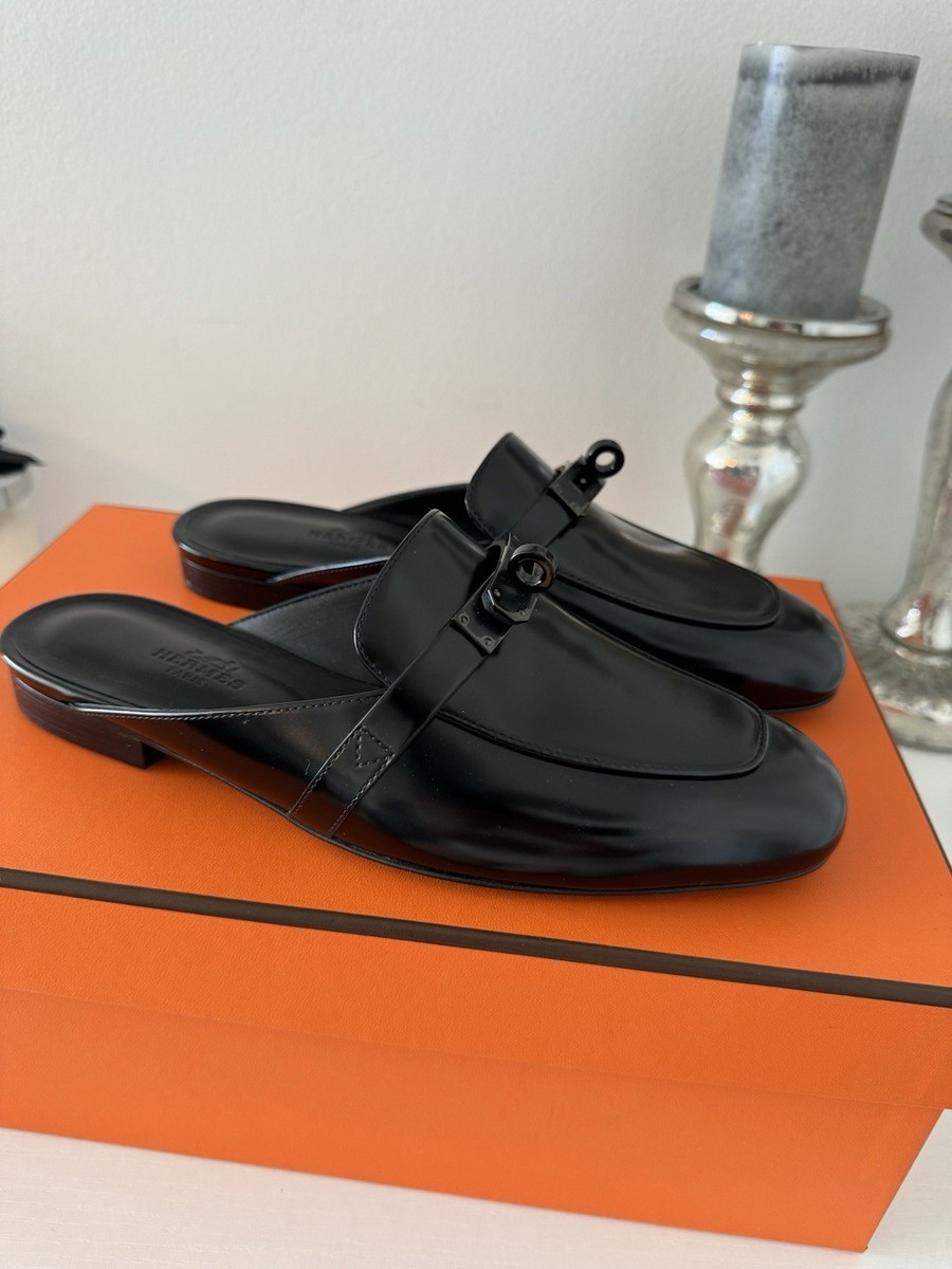 HERMES ブラック スエード ミュール　38 Authentic Brand New Hermes Oz Mule Black Box Leather Black Kelly