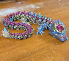 3d Printed Articulated Rose Dragon Metallic Blue/Green w/ Pink Rose