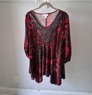 dressbarn Women's Plus 2X Red/Black Paisley Beaded Sequin Scoop Neck Tunic