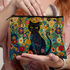 COSMÉTICOS/VIAJES - Gato de jardín, diseño floral vibrante, bolsa de cosméticos portátil