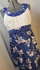 MOD TIKI Vtg 60s Lola Liberty House Womens Maxi Hawaiian Dress Blue Barkcloth 14