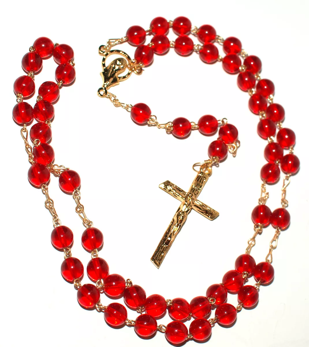 Rosary Necklace glass beads Religious Catholic Red Rosarie Madonna Center