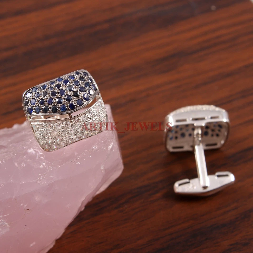 Heizbarer Blauer Saphir Edelstein Mit 925 Sterling Silber Manschettenknopf #3607 - Bild 3 von 3