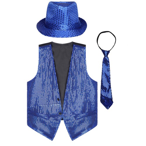 Men Sequined Waistcoat Sleeveless Vest with Hat and Necktie Carnival Disco Party - Picture 48 of 71
