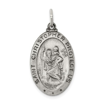 Sterling Silver 925 St. Saint Christopher Oval Medal Pendant 1.26 Inch