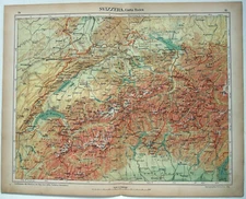 Switzerland - Original 1915 Physical Map by Kartographia Winterthur SA. Antique