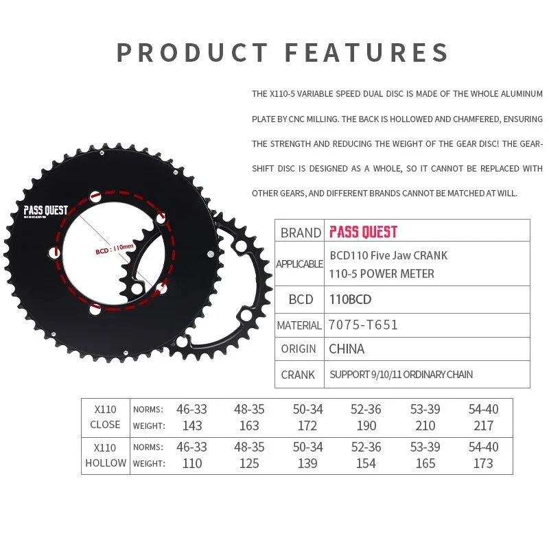 110BCD 5-Bolt Double Chainring AERO 2x Chainring Road Gravel Bike for 9-11 Speed - Image 2 of 4