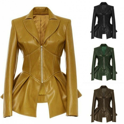 Motorcycle Women's Faux Leather Long Sleeve Jacket Zip Swing Hemline Outwear - Picture 3 of 20
