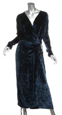 ATTICO VICTORIA Womens Navy Blue Velvet Long Sleeve Maxi Wrap Robe Dress 1  S NEW | eBay