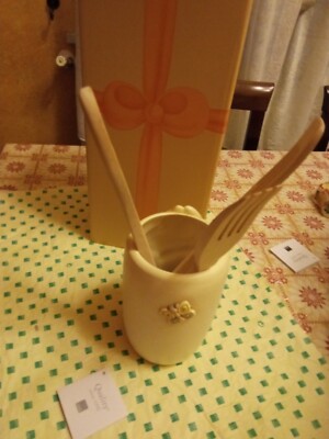 Porta Mestoli THUN Con 3 Mestoli Elegance - Ceramica E Legno Decorato