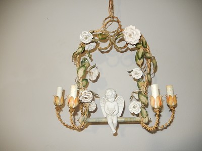 C 1920 French Tole White Roses Winged Cherub Swinging Holding Dove Chandelier - Swinging From The Chandeliers Book C 1920 French Tole White Roses Winged Cherub Swinging Holding Dove Chandelier - Swinging From The Chandeliers Book