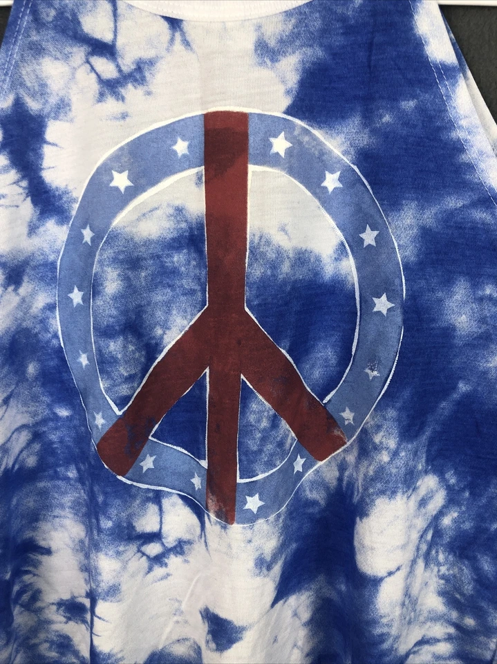 Modern Lux 女式中号无袖背心衬衫蓝色白色和平图案 — 第 3/4 张图片