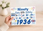 90th Birthday Card for HIM MEN MALE 1936 Year of Birth Facts Greetings Blue 90
