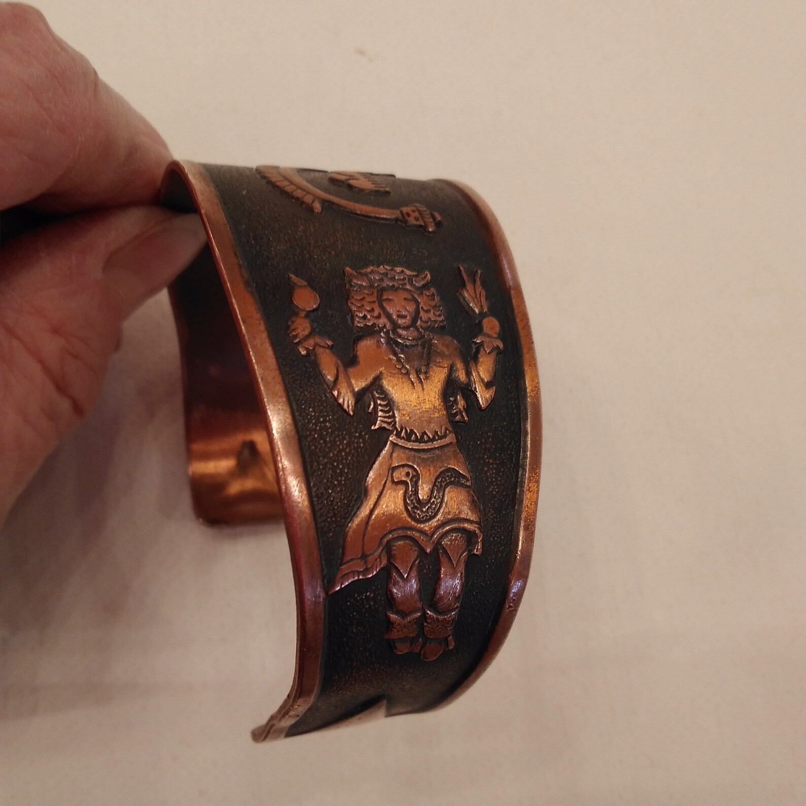 Solid Copper Cuff Bracelet with Zuni Rainbow Man … - image 8