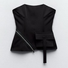 Zara Black Strapless Utility Corset Top with Cargo Pocket and Diagonal Zip Small