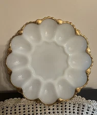 Vintage Deviled Egg Platter Hocking Fire King Milk Glass Gold Rim