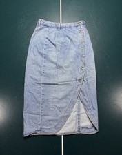 Vintage 90s Denim Midi Skirt asymmetric Side Button Closure Size 28 Light Wash