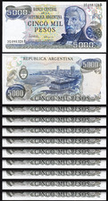 Argentina 5000 5,000 Pesos, 1977 - 1983, UNC, 10 Pcs LOT, Consecutive, P-305b(1)