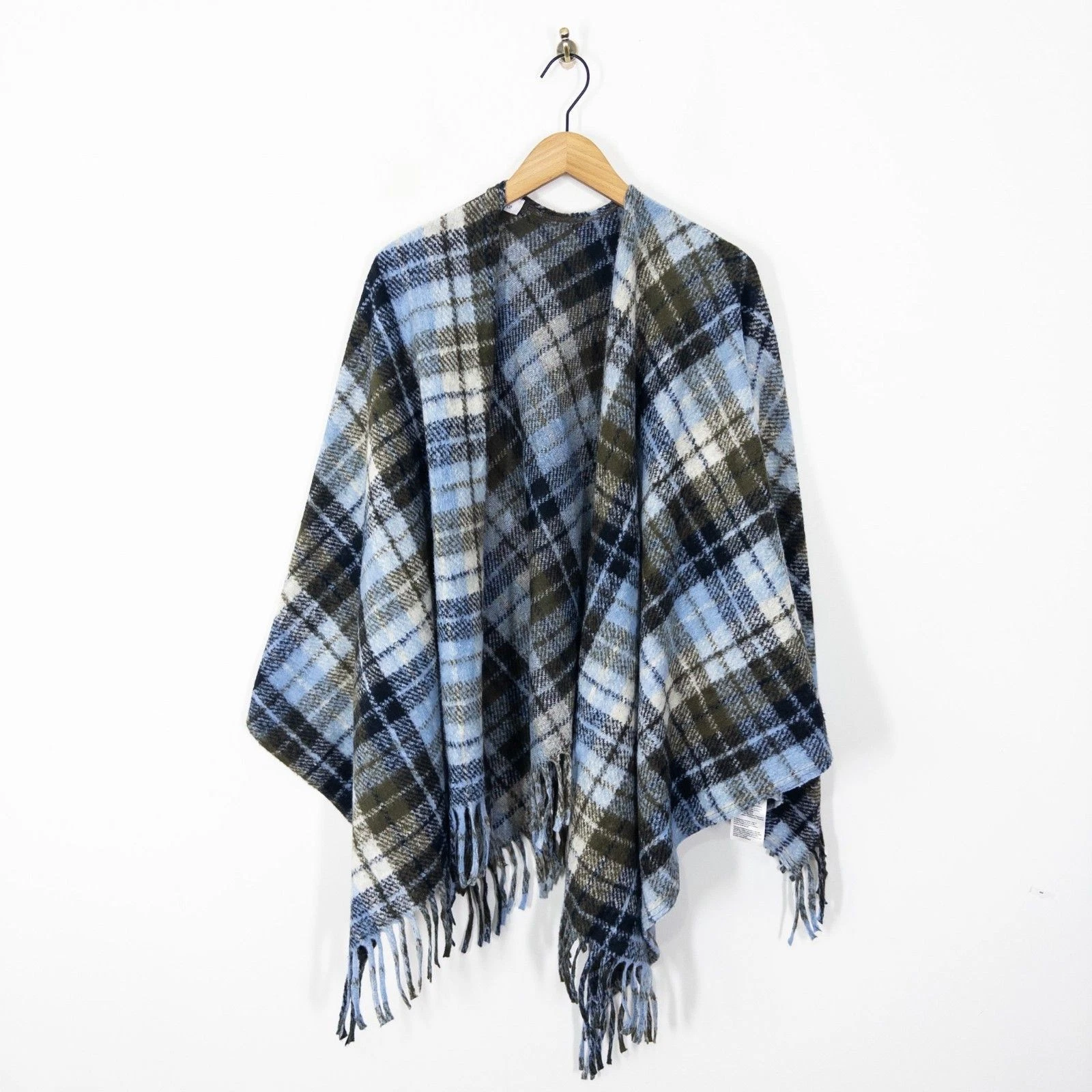 Just White by SE Cape Poncho Shawl One Size Blue Green Check with Wool