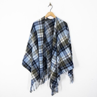 Just White by SE Cape Poncho Schal One Size blau grün kariert mit Wolle