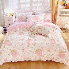 3pcs Cute Strawberry Duvet Cover Set Twin Size for Kids Girls Bedding Set Bun...