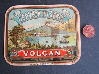 Ancient beer label Cerveza Pilsener beer Volcanic South America?