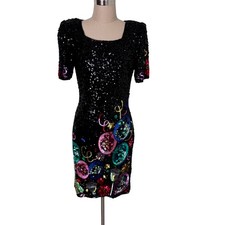 Vintage Lawrence Kazar New York Black Silk Sequin Beaded Cocktail Dress Size S