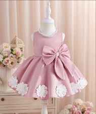 Girls Pink Sleeveless A-Line Knee Dress Bow Lace Hem Zip Round Neck 2-3Y