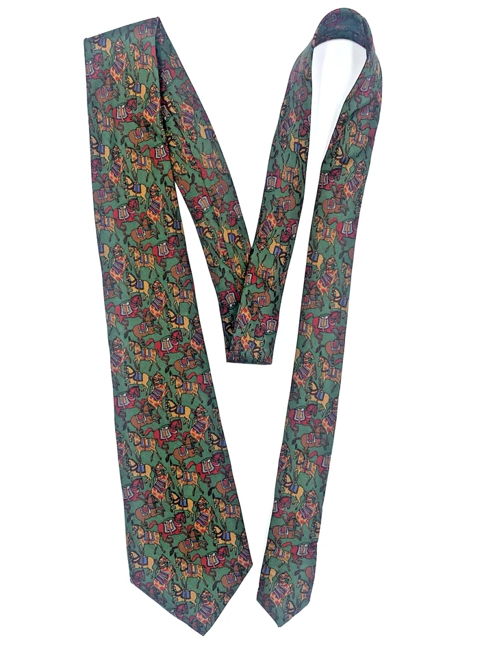 Corbata Salvatore Ferragamo 100 % seda para hombre verde caballo patrón equino Italia Foto 2 de 4